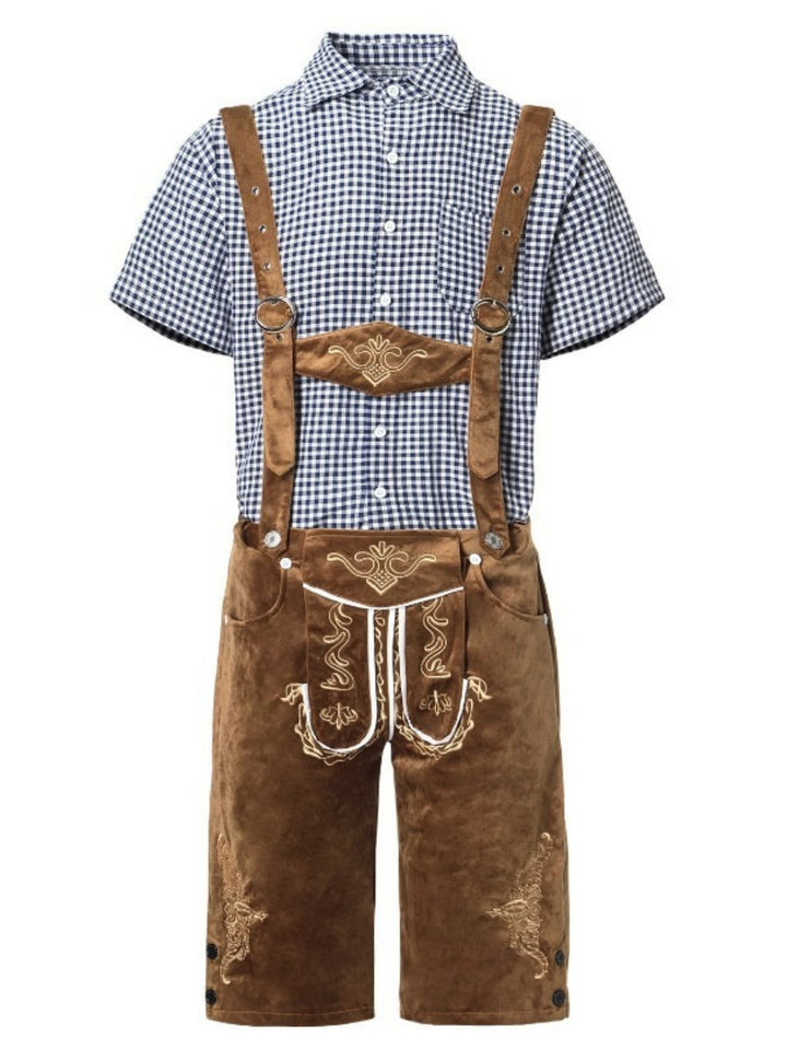 Uomo in completo tradizionale Lederhosen per Oktoberfest, con camicia a quadri e pantaloni ricamati.