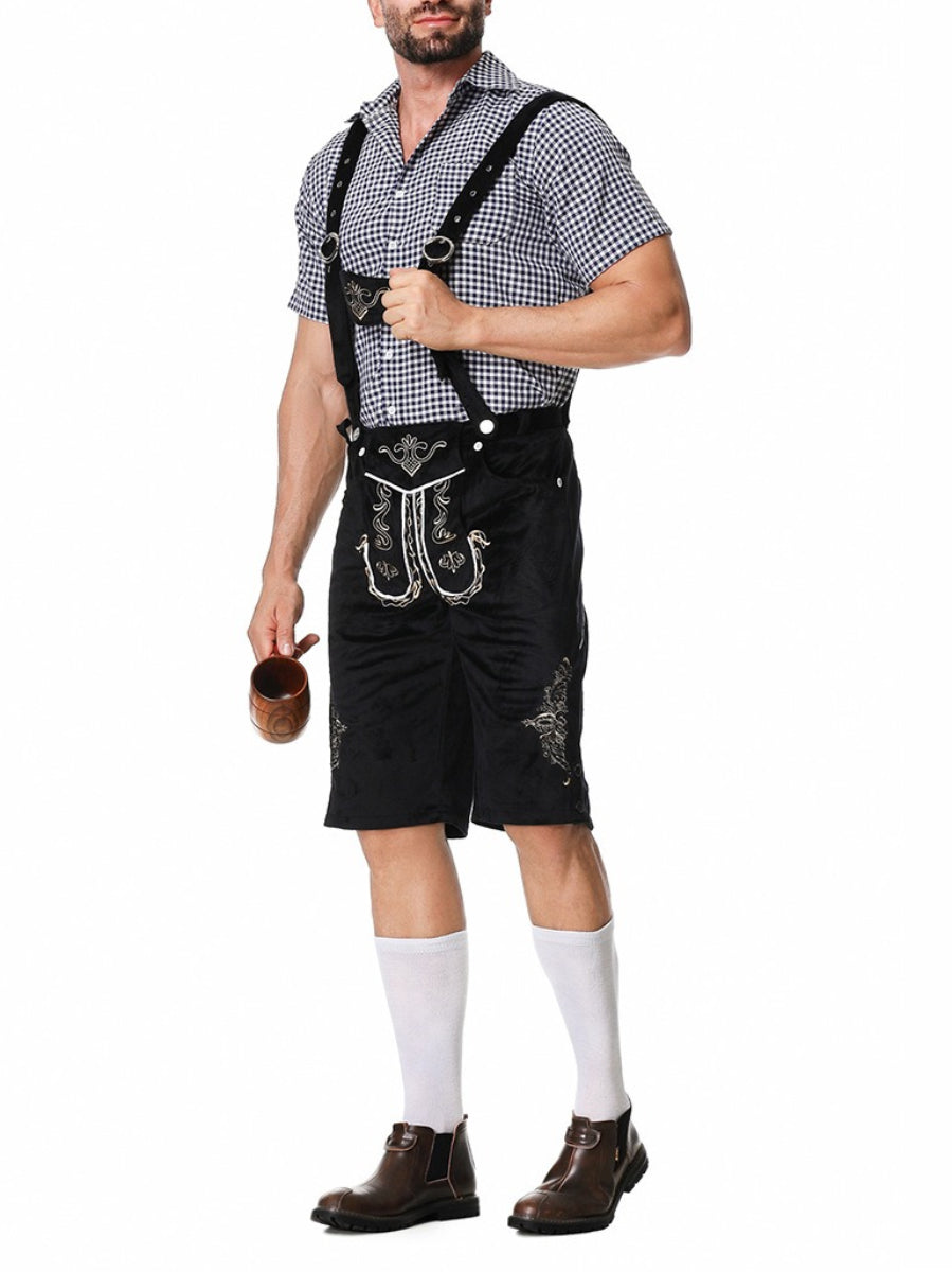 Completo Lederhosen uomo bavarese per Oktoberfest: pantaloni in pelle, bretelle e camicia a quadri tradizionale.