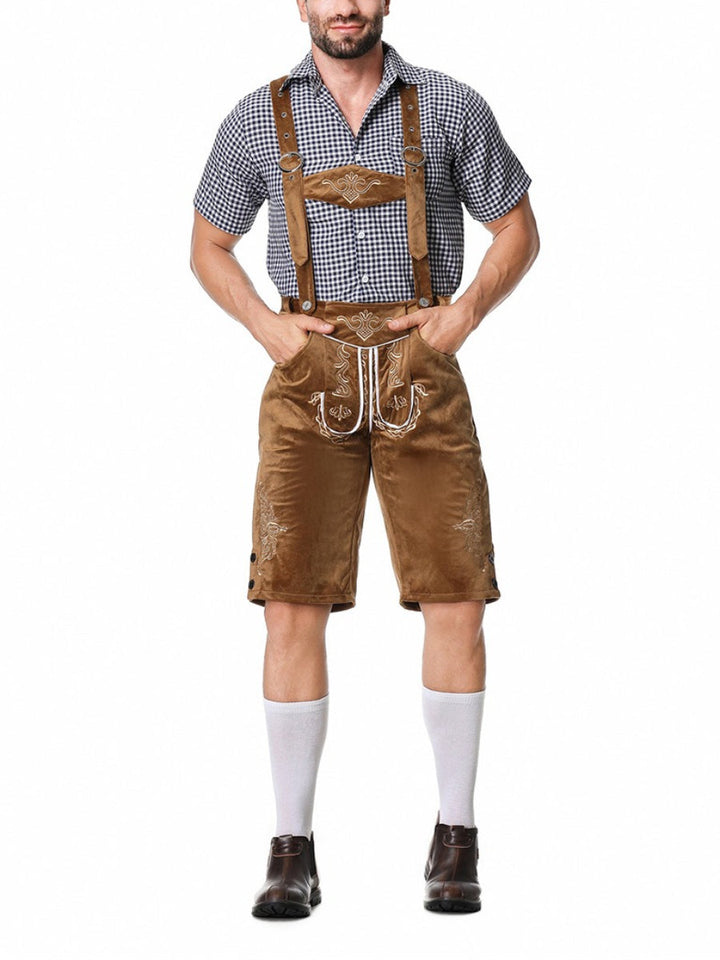 Lederhosen autentici uomo con ricami e camicia bavarese: il completo tradizionale perfetto per Oktoberfest.