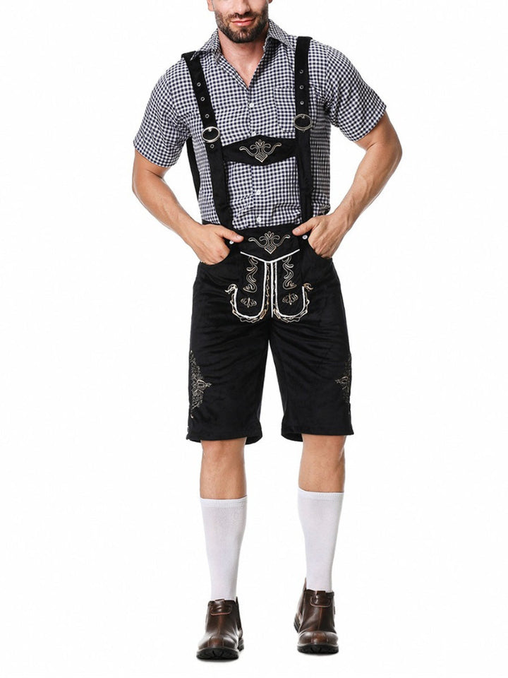 Completo Oktoberfest uomo: pantaloni Lederhosen in pelle ricamati, bretelle decorate e camicia bavarese.