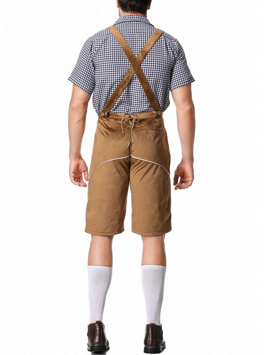 Pantaloni Lederhosen uomo in pelle, bretelle e camicia a quadri. Completo tradizionale per Oktoberfest.