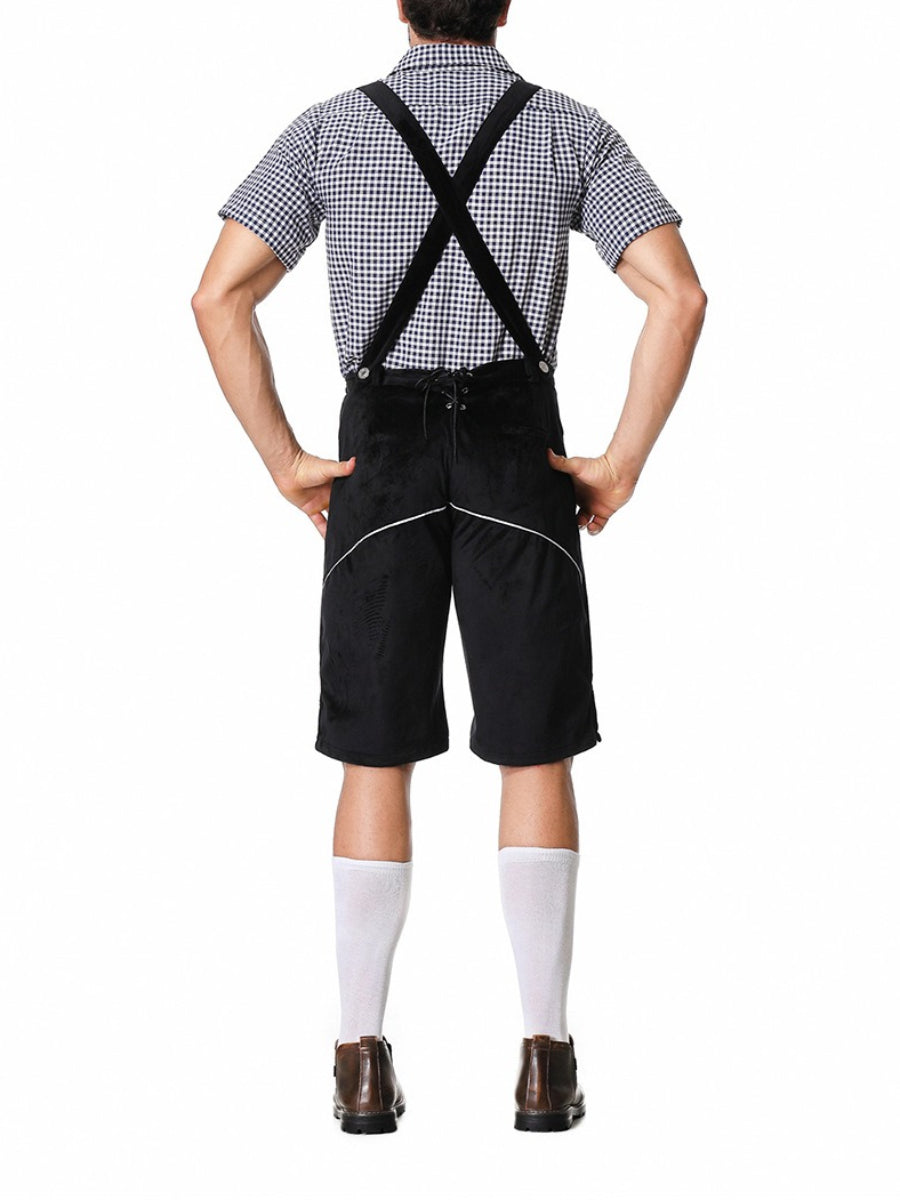 Lederhosen tradizionali uomo ricamati, con bretelle e camicia a quadri, ideali per Oktoberfest e feste.