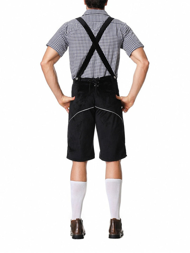 Lederhosen tradizionali uomo ricamati, con bretelle e camicia a quadri, ideali per Oktoberfest e feste.