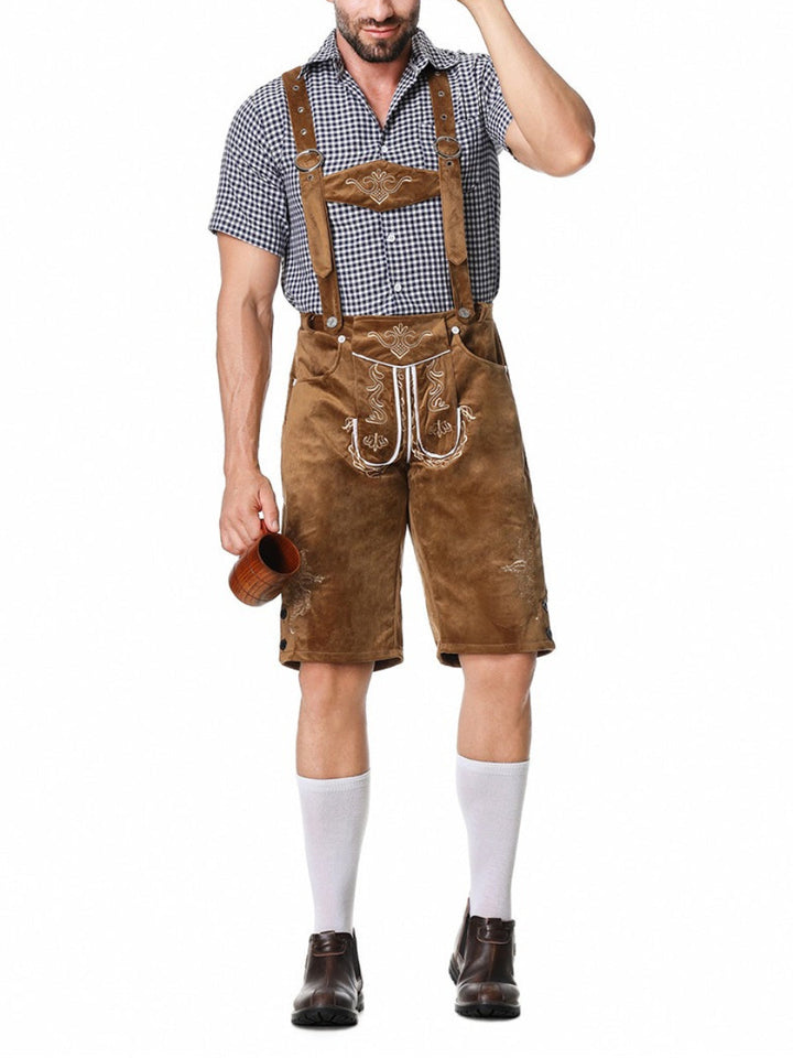 Set completo Oktoberfest uomo: pantaloni Lederhosen, bretelle decorative e camicia a quadri tradizionale.