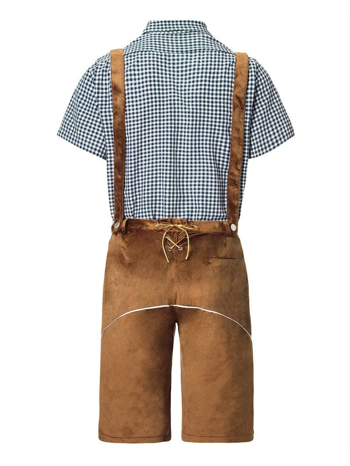 Lederhosen da uomo in pelle con ricami dettagliati, parte del completo tradizionale bavarese per Oktoberfest.