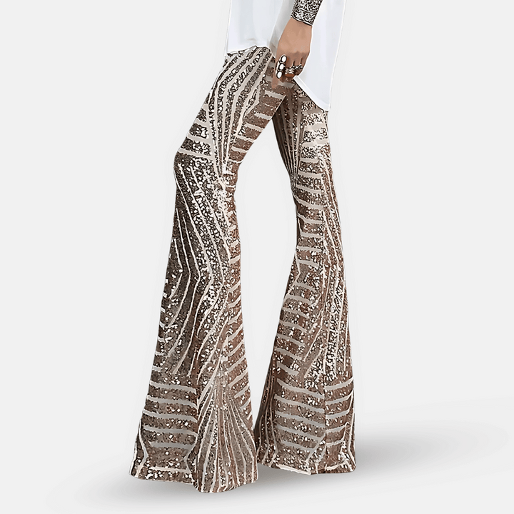 Pantaloni donna a zampa vita alta paillettes scintillanti, perfetti per serate eleganti e glamour primavera estate.