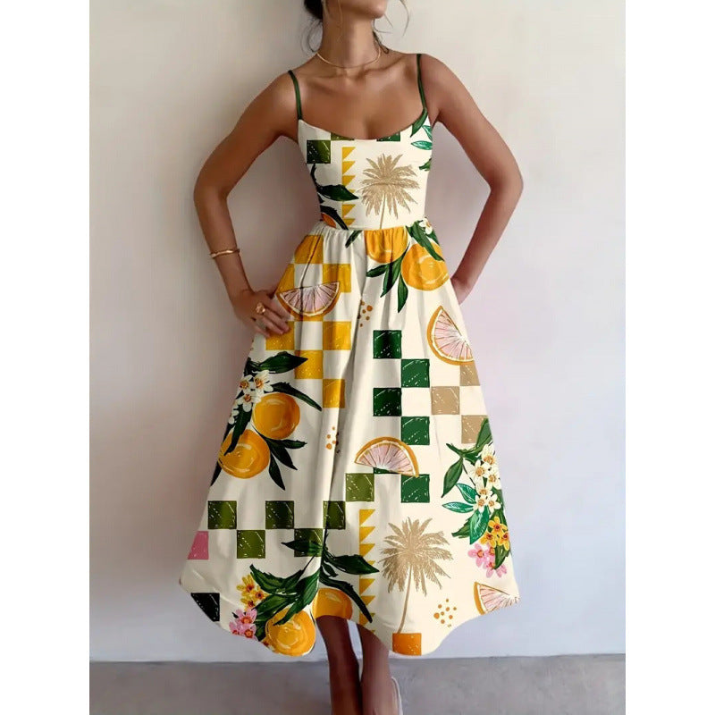 Abito midi donna tropicale estivo con stampa floreale e spalline, ideale per vacanze e moda estiva.