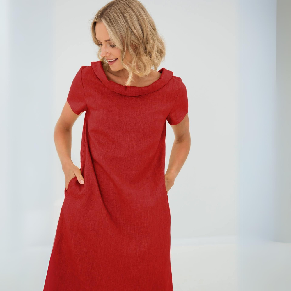Abito donna in lino fluido e confortevole con tasche, ottimo per giornate estive e relax.