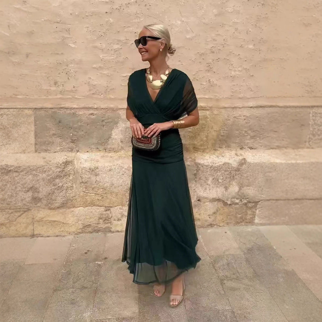 Vestito da sera aderente donna, nero, con maniche velate, ideale per eventi formali e party.