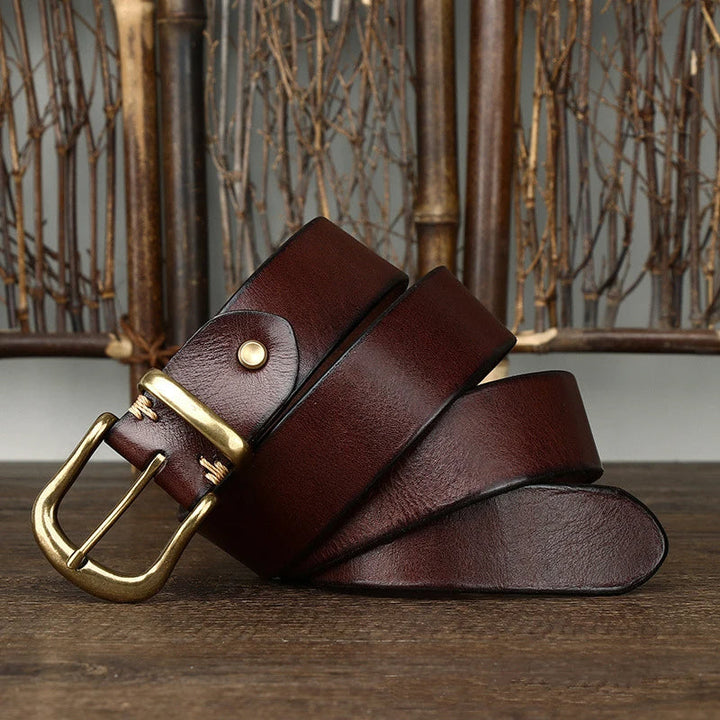 Cintura artigianale uomo in pelle pieno fiore resistente, accessorio classico per un look sofisticato.