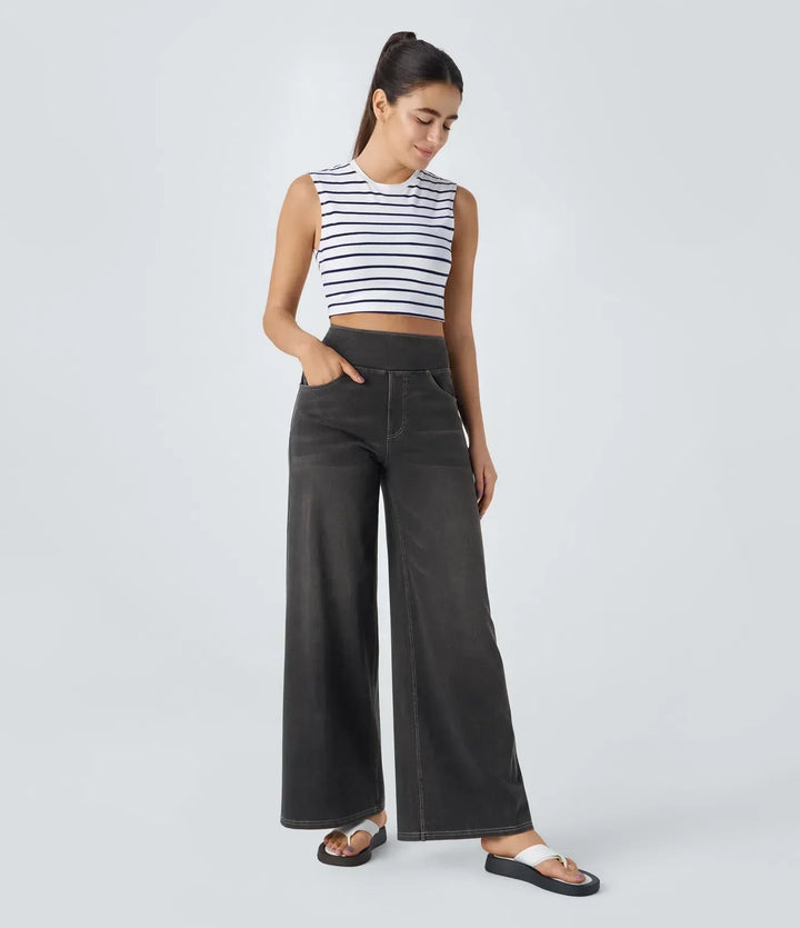 Jeans donna grigi, vita alta e fascia elastica, capo versatile per ogni guardaroba.
