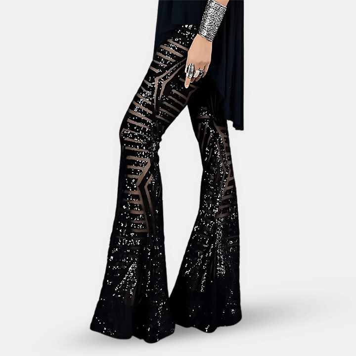 Pantaloni donna a zampa con paillettes scintillanti e vita alta per un outfit glamour ed estivo.