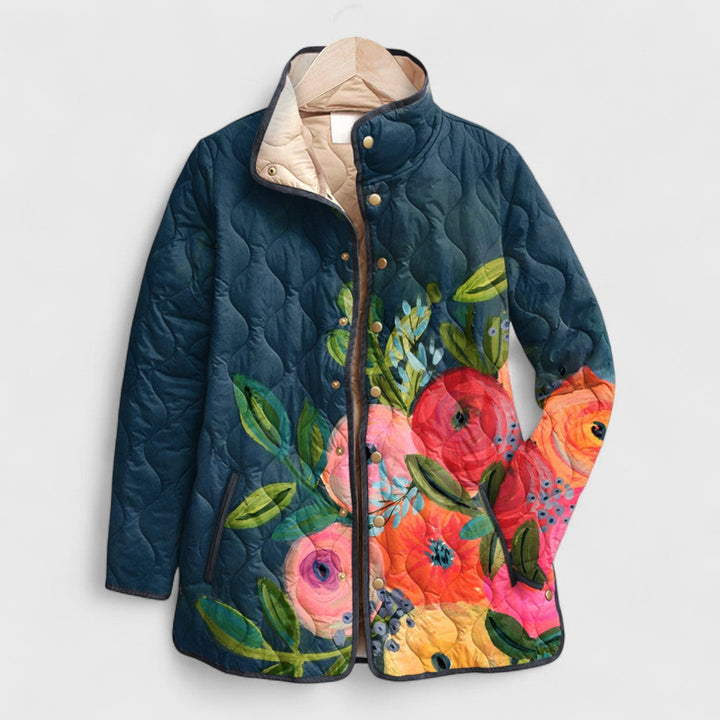 Giacca invernale donna trapuntata, fantasia floreale vintage. Cappotto elegante per moda donna, ideale contro il freddo.