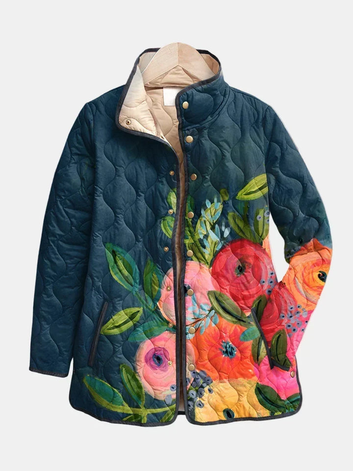 Giacca casual chic da donna, trapuntata floreale, con bottoni, per ogni occasione.