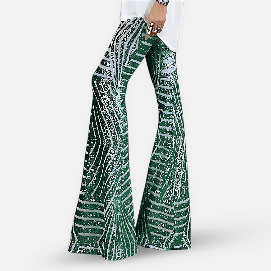 Glamour pantaloni a zampa da donna con brillanti paillettes e vita alta, perfetti per eventi speciali.