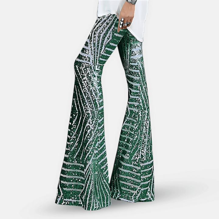 Glamour pantaloni a zampa da donna con brillanti paillettes e vita alta, perfetti per eventi speciali.