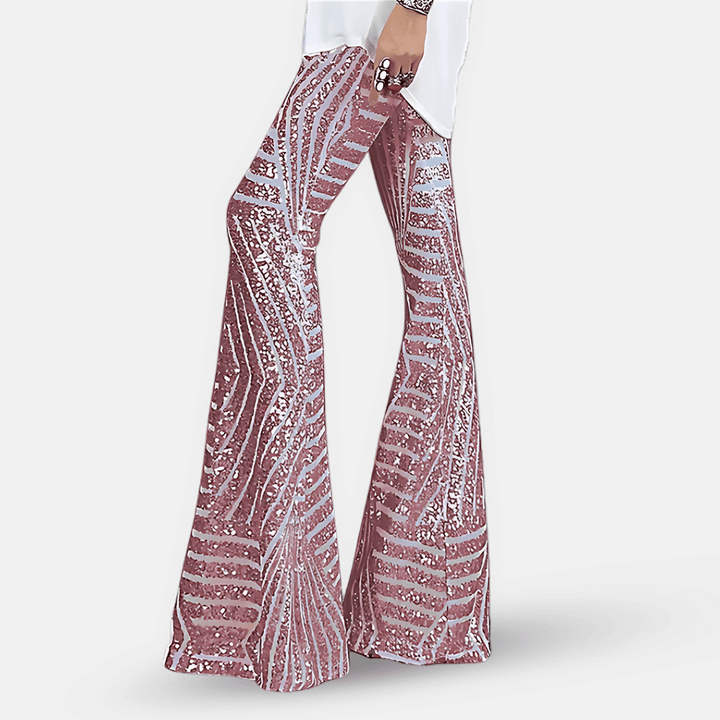 Pantaloni donna a zampa paillettes vita alta, look trendy per primavera estate, ideali per serate.