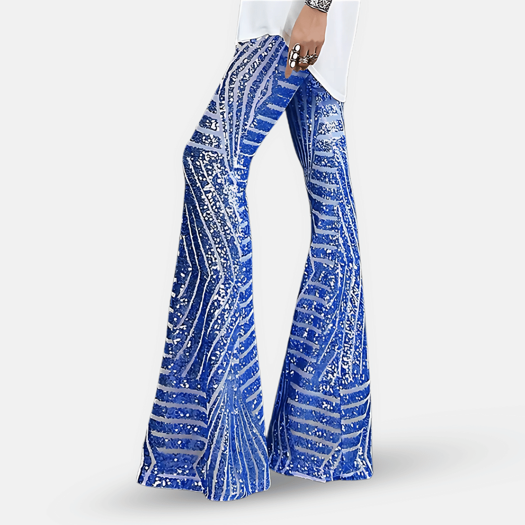 Pantaloni donna a zampa paillettes vita alta, per un look slim ma svasato, ideale per serate eleganti.