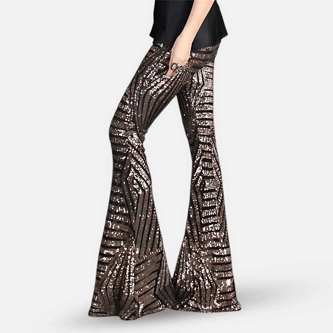 Pantaloni donna a zampa glamour con vita alta e brillanti paillettes, perfetti per un'occasione speciale.