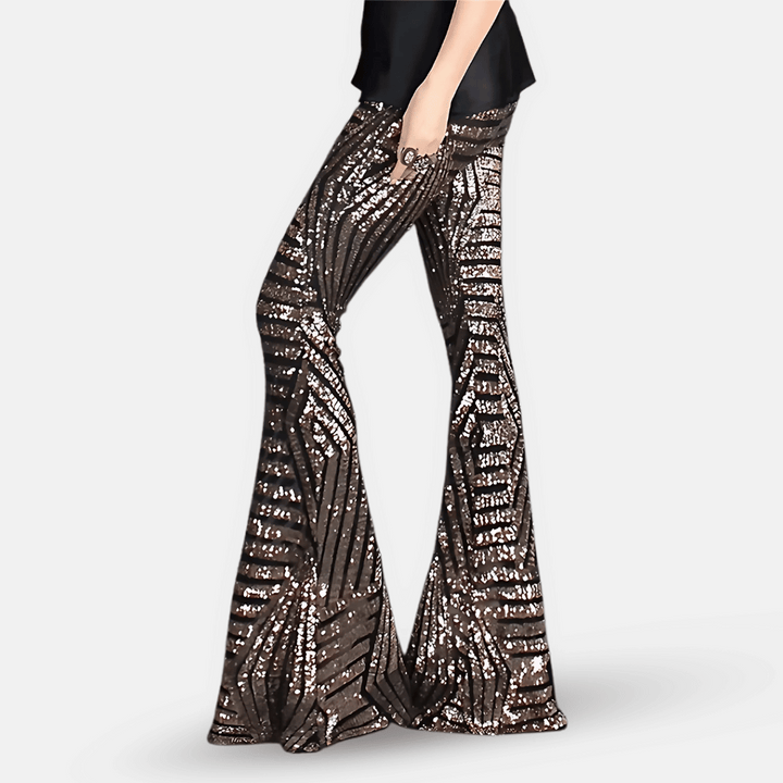 Pantaloni donna a zampa glamour con vita alta e brillanti paillettes, perfetti per un'occasione speciale.