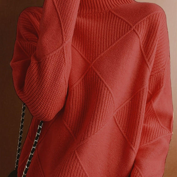Look casual: donna con maglione collo alto caldo, abbinato a jeans per l'autunno.