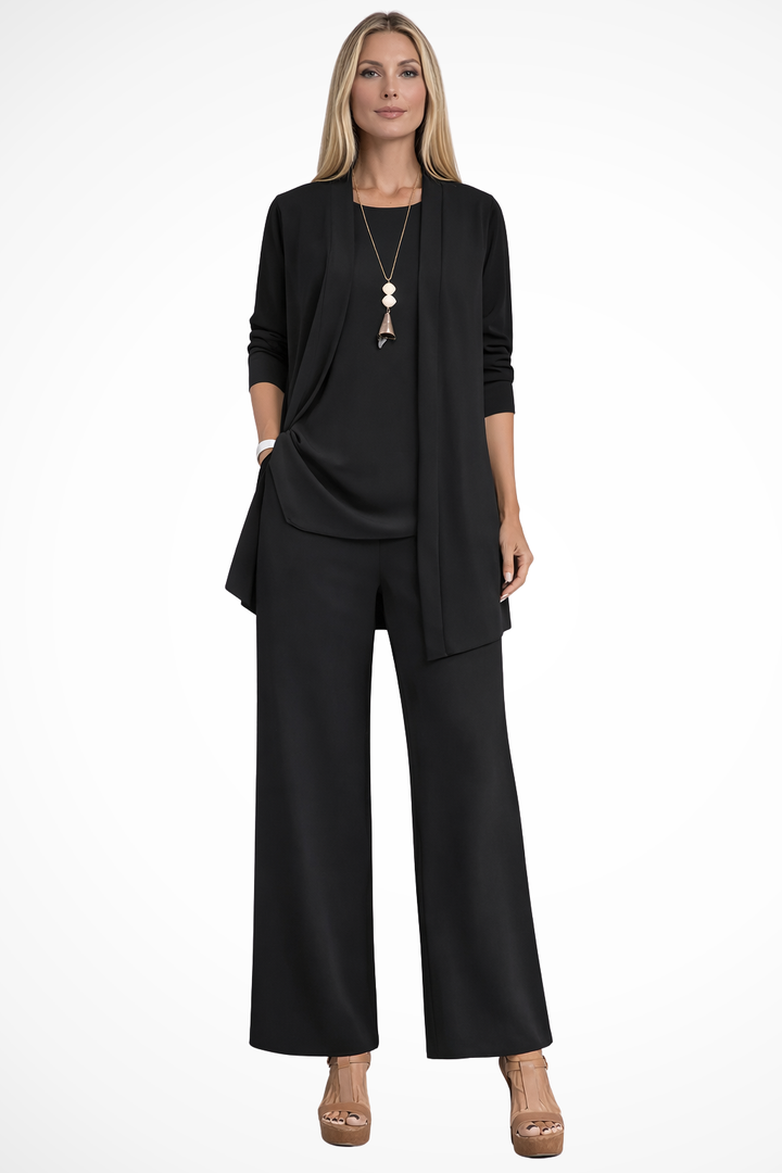 Completo elegante donna tre pezzi: cardigan, top e pantaloni larghi. Perfetto per look ufficio raffinati e moda moderna.