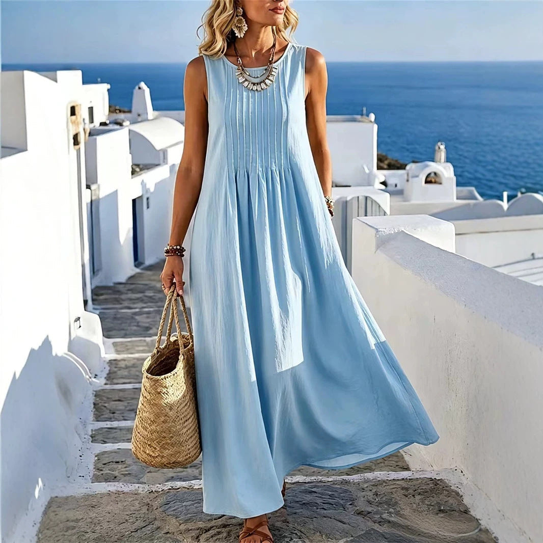 Abito casual donna ampio e confortevole, con collo rotondo. Vestibilità rilassata per ogni giorno d'estate.