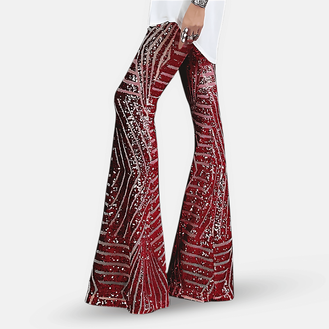 Pantaloni donna vita alta a zampa con paillettes scintillanti, per un tocco di eleganza e glamour.