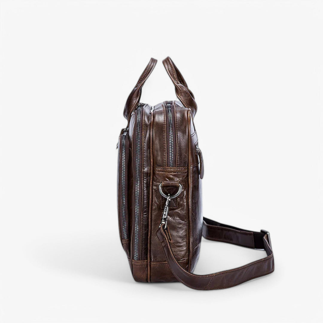 Elegante borsa laptop unisex marrone caffè, capiente e funzionale per documenti, perfetta per professionisti.