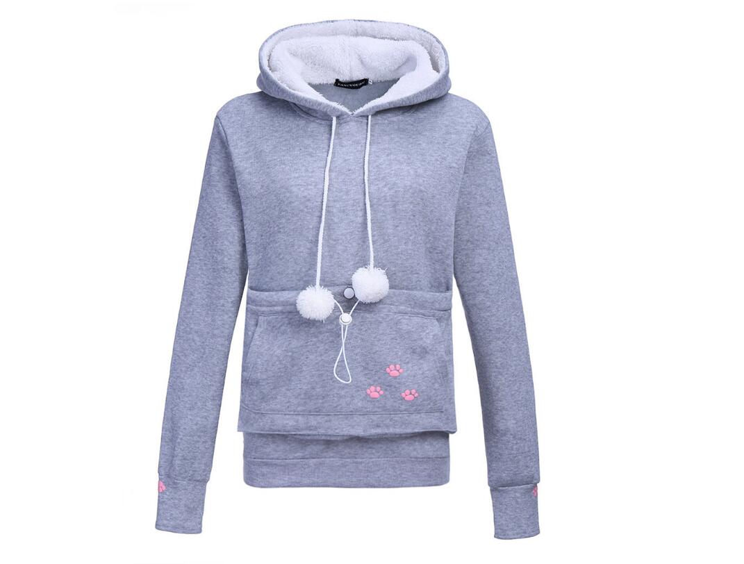 Vista frontale della felpa donna con cappuccio, con stampa gatto per un abbigliamento casual confortevole.
