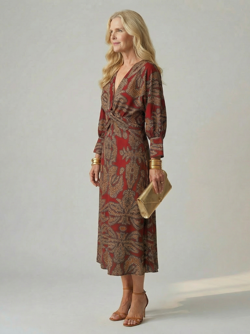 Vestito midi donna, stile incrociato, tessuto leggero per comfort e eleganza.