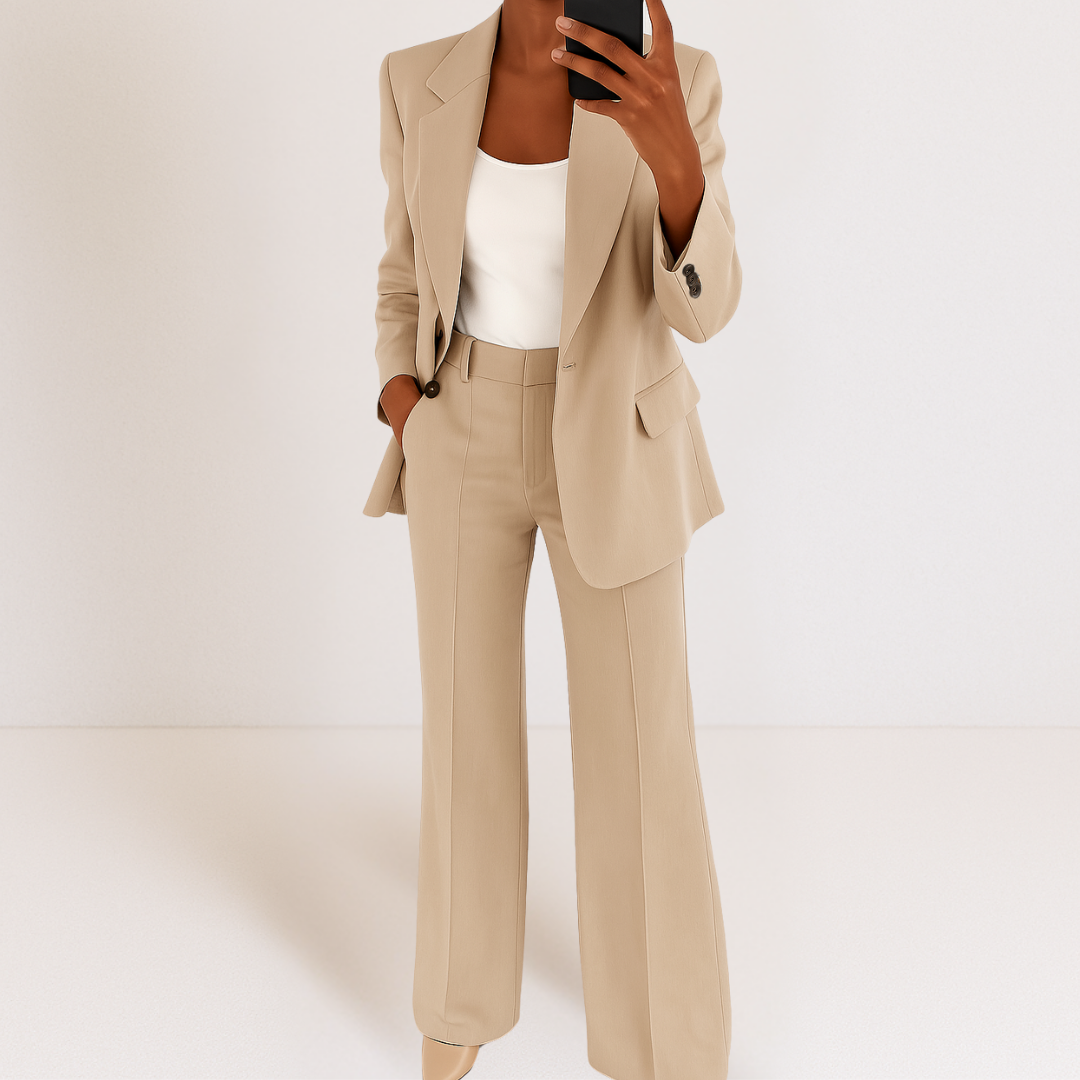 Completo donna versatile, blazer elegante e pantaloni a gamba larga. Perfetto per ufficio e eventi.