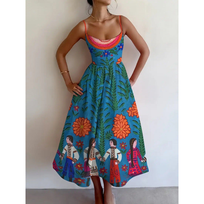 Abito midi donna elegante stampa floreale boho colorato. Vestito estivo moda casual perfetto per vacanze.