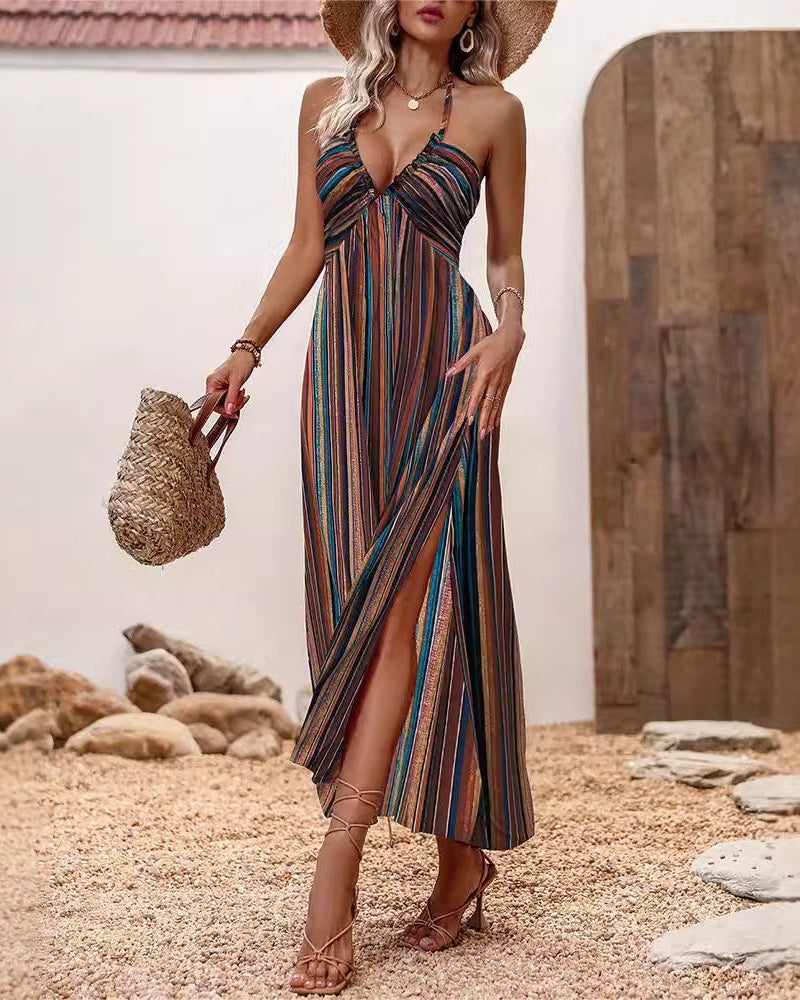Abito estivo midi donna, stampe floreali vivaci, spalline sottili, versatile per il giorno e la sera estiva.