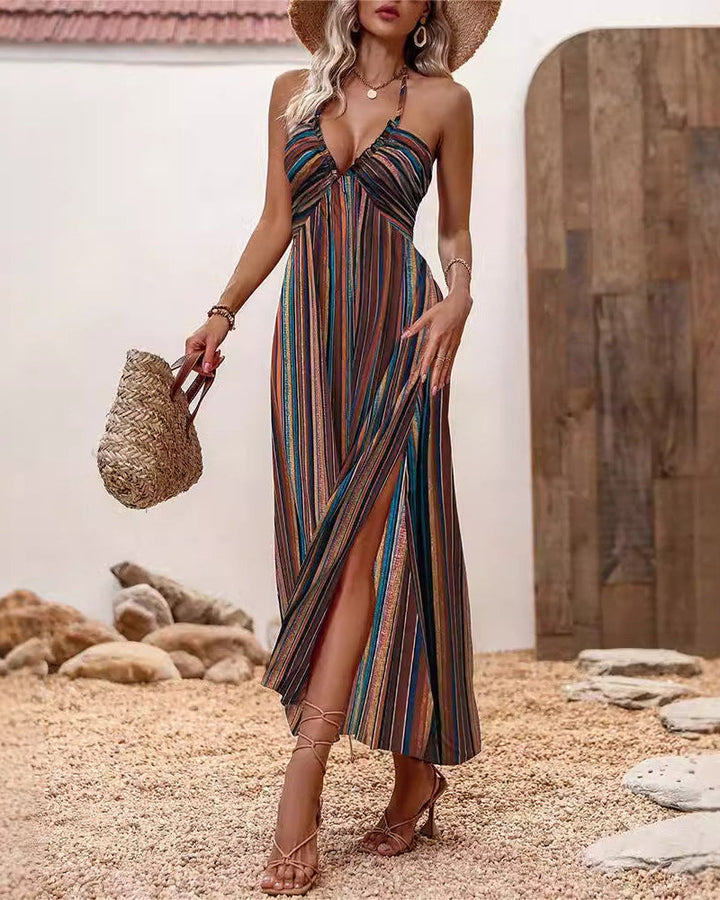 Abito estivo midi donna, stampe floreali vivaci, spalline sottili, versatile per il giorno e la sera estiva.