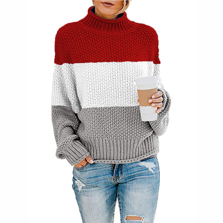 Maglione invernale donna a collo alto con blocchi di colore vibranti. Maniche lunghe, ideale per outfit casual.