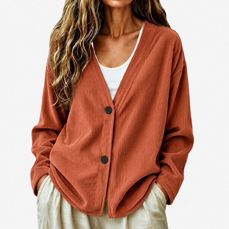Morbido cardigan donna a coste, con bottoni e scollo a V. Must-have per autunno/primavera.