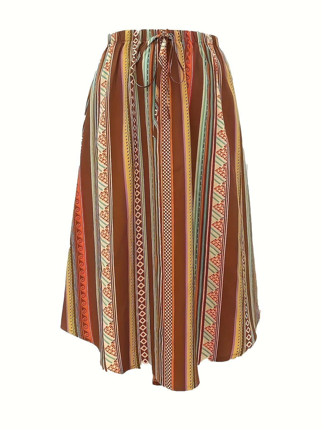 Gonna midi donna asimmetrica con fantasia geometrica per un outfit estivo versatile e di tendenza, stile moderno.