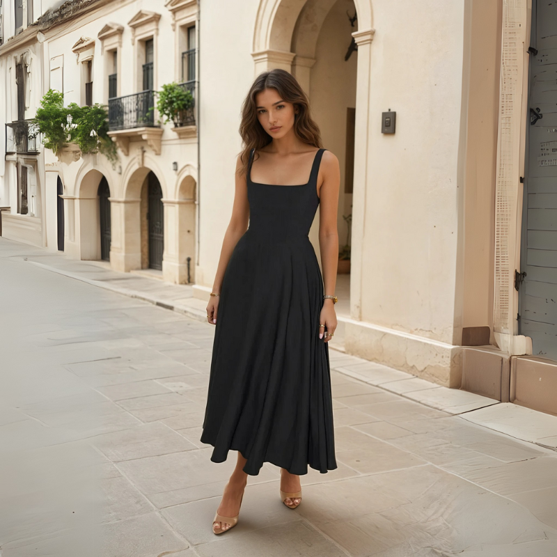 Vestito elegante midi donna per cocktail e sera, con scollo quadrato e vita a V raffinata.