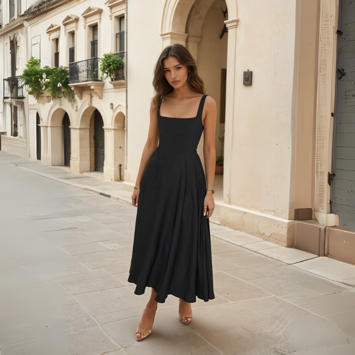 Vestito elegante midi donna per cocktail e sera, con scollo quadrato e vita a V raffinata.