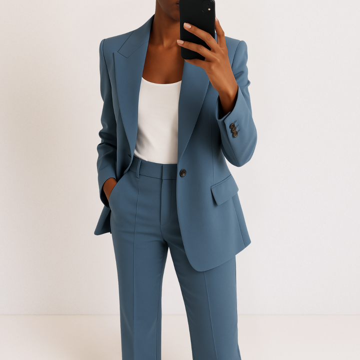 Completo donna elegante, blazer raffinato e pantaloni a gamba larga. Stile business e ufficio.