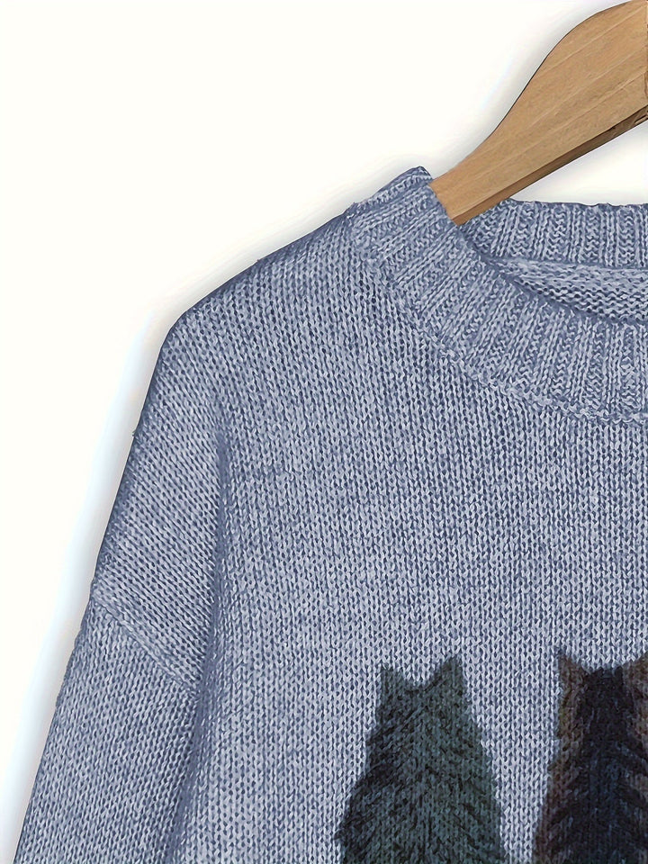 Maglione oversize donna marrone scuro con gatti, girocollo. Stile casual e comfort invernale.