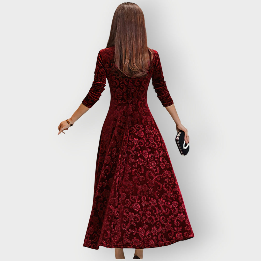 Abito elegante midi da donna con scollo a V e taglio svasato, ideale per eventi serali o da festa.