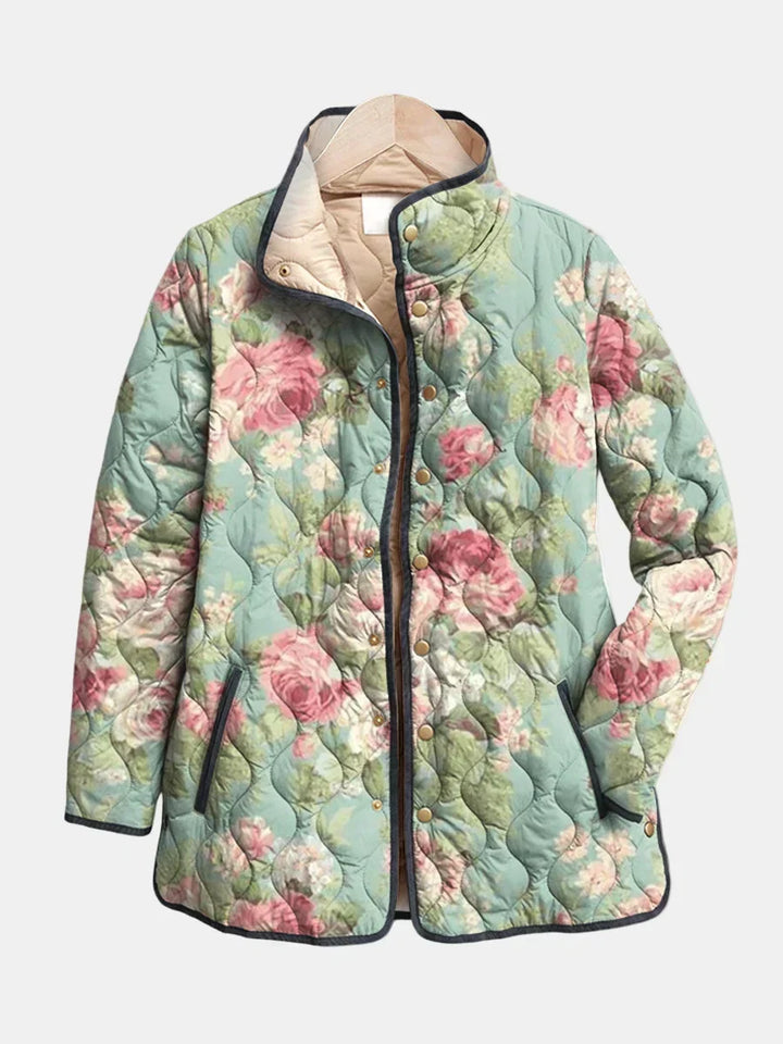 Elegante giacca donna floreale trapuntata, bottoni, perfetta per l'autunno.