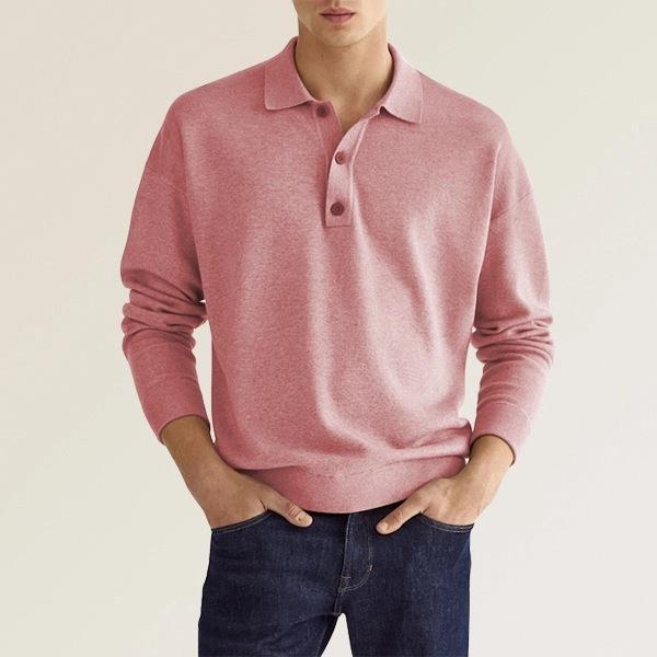 Maglia polo uomo versatile: maniche lunghe e scollo a V. Ideale per look casual o elegante autunnale.