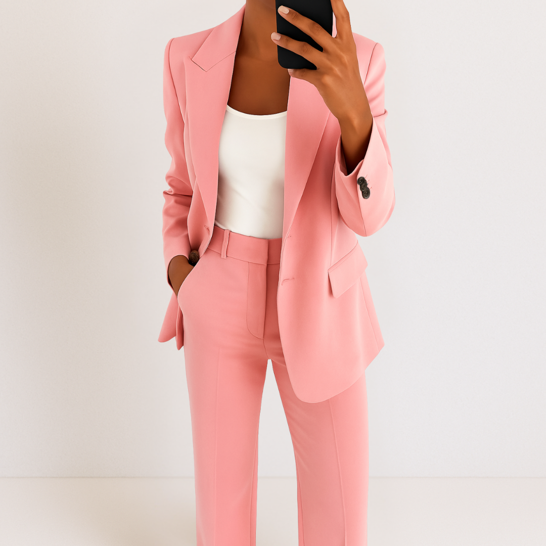 Completo business donna, blazer raffinato e pantaloni a gamba larga. Look professionale elegante e moderno.