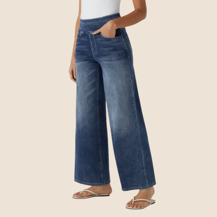 Jeans donna vita alta elastica blu scuro, comfort casual e stile versatile.