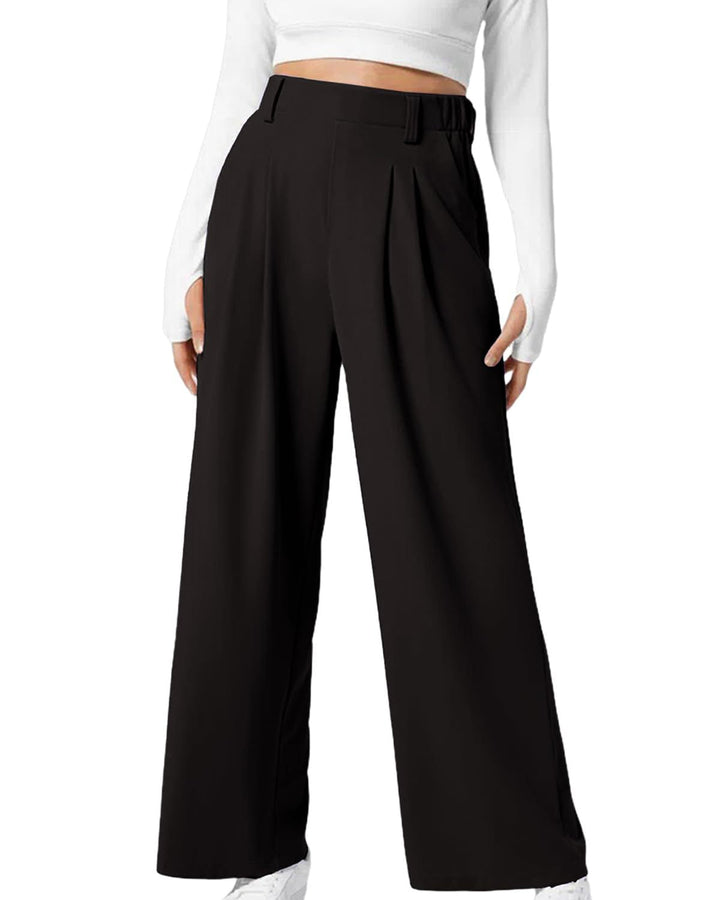 Moda donna: pantaloni a gamba ampia in tessuto waffle, vita alta. Ideali per outfit comodi ed eleganti.