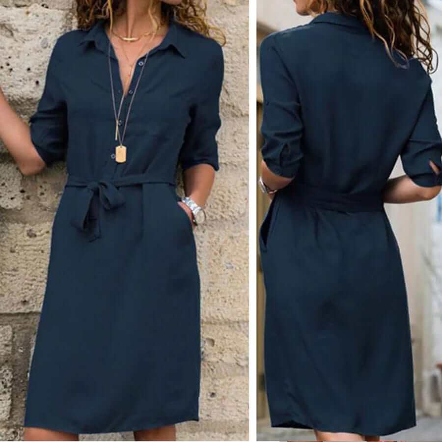 Abito midi donna elegante con colletto e fiocco, perfetto per occasioni casual o più formali in primavera.