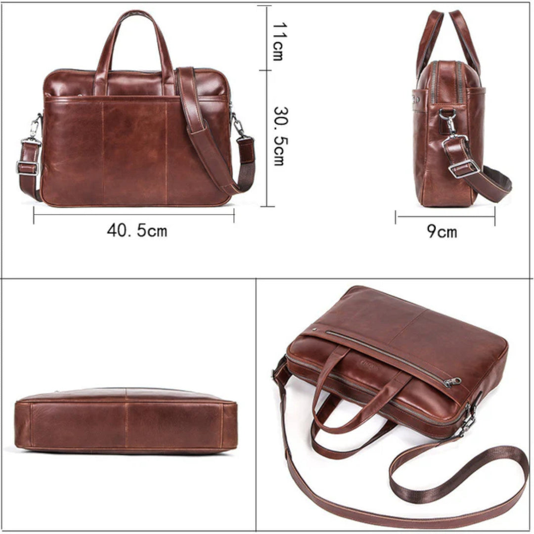 Donna professionista con borsa laptop elegante colore caffè, accessorio lavoro e ufficio. Borsa tracolla comoda.